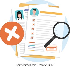 Resume document with wrong icon and magnifying glass.