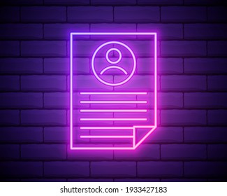 resume of the employee icon. Elements of HR and Heat hunting in neon style icons. Simple icon for websites, web design, mobile app, info graphics isolated on brick wall background