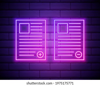 resume of the employee icon. Elements of HR and Heat hunting in neon style icons. Simple icon for websites, web design, mobile app, info graphics isolated on brick wall background.
