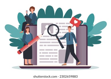 Resume filling concept. Man with magnifying glass and woman with pencil. Workers looking for job, candidates for vacancy. CV and curriculum vitae. Hiring workers. Cartoon flat vector illustration