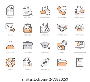 Resume flat line icons set. Hr human resources, job application, interview employee profile, teamwork, work experience vector illustrations Portfolio outline signs. Orange color, Editable Stroke