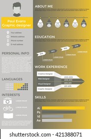 Resume in flat style design on grey background. CV set with Infographics elements and Timeline. Clean vector. 