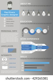 Resume in flat style design on grey background. CV set with Infographics elements and Timeline. Clean vector.