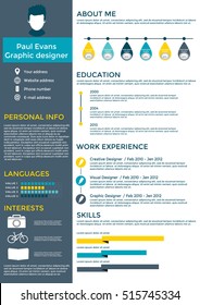 Resume in flat style design on white background. CV set with Infographics elements and Timeline. Clean vector. 