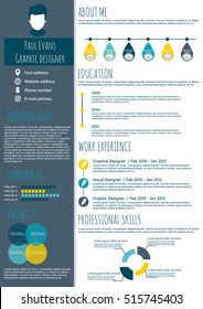Resume in flat style design on grey background. CV set with Infographics elements and Timeline. Clean vector. 