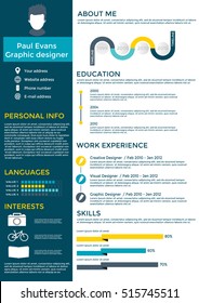 Reanudar en diseño plano sobre fondo blanco. Conjunto de CV con elementos de infografía y línea de tiempo. Limpiar vector.