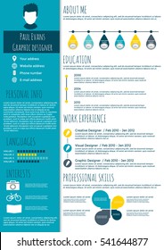 Resume in flat style design on white background. CV set with Infographics elements and Timeline. Clean vector.