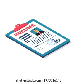 Resume form. Clipboard with leaf. Man fills in questionnaire. Writing business resume. Concept of employment. Vector isometric design. CV application.