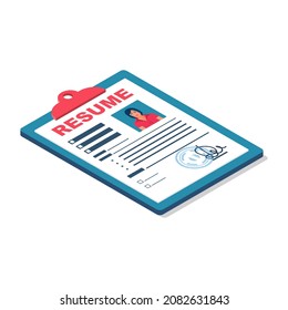 Resume form. Clipboard with leaf. Man fills in questionnaire. Writing business resume. Concept of employment. Vector isometric design. CV application.