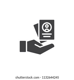 Resume form in hand vector icon. filled flat sign for mobile concept and web design. CV application with hand simple solid icon. Symbol, logo illustration. Pixel perfect vector graphics