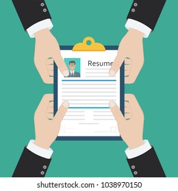 Resume form in hands. Clipboard with leaf in hand. Man fills in questionnaire. Writing business resume. Concept of employment. Vector illustration flat design. CV application. Job search.