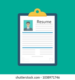 Resume form in hands. Clipboard with leaf in hand. Man fills in questionnaire. Writing business resume. Concept of employment. Vector illustration flat design. CV application. Job search.