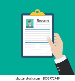 Resume form in hands. Clipboard with leaf in hand. Man fills in questionnaire. Writing business resume. Concept of employment. Vector illustration flat design. CV application. Job search.