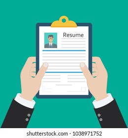 Resume form in hands. Clipboard with leaf in hand. Man fills in questionnaire. Writing business resume. Concept of employment. Vector illustration flat design. CV application. Job search.