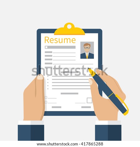 Resume form in hands. Clipboard with leaf in hand. Man fills in questionnaire. Writing business resume. Concept of employment. Vector illustration flat design. CV application. Job search.