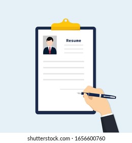 Resume form in hands.Man fills in questionnaire. Writing business resume. Concept of employment. Vector illustration flat design. CV application. Job search.