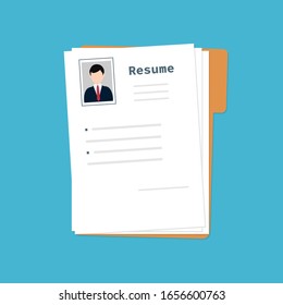 Resume form in hands.Man fills in questionnaire. Writing business resume. Concept of employment. Vector illustration flat design. CV application. Job search.