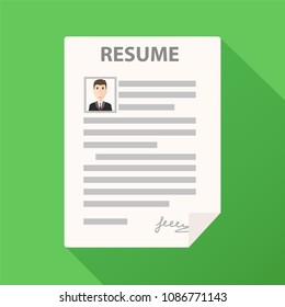 Resume form icon on green background with long shadow, cv application, stock vector illustration