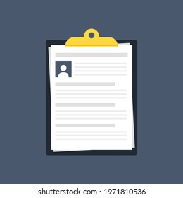 Resume form on folder. Writing business resume. Vector illustration isolated on dark background. Job search.