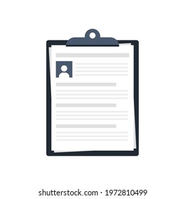 Resume form on folder. Writing business resume. Vector illustration isolated on white background. Job search.