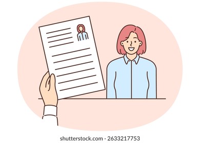 Resume girl applying for vacancy in company in recruiters hand. Woman with resume is interviewing,wanting to get new job and get good high-paying position