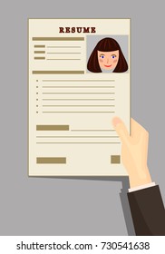 resume, the resume of the girl, Curriculum vitae. Resumes in hand. vector illustration.Analysis of the employee's resume. Staff search