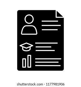 Resume glyph icon. Silhouette symbol. CV. Curriculum vitae. Personal information. Negative space. Vector isolated illustration