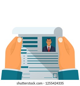 Resume in hand. CV application. Resume job. Concept of employment. Recruiter reviews resume. Looking for work. Vector illustration flat design. Isolated on background. Head hunter.