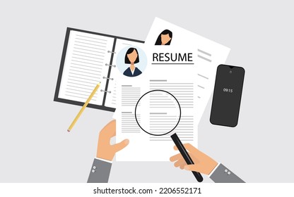 Resume in hand with magnifier. Search for the professional worker, analyzing of resume. Recruitment, human resource management concept. Vector illustration