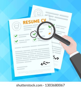 Resume. Hand with magnifying glass examining filled male in female CV forms. Cartoon resume icon.