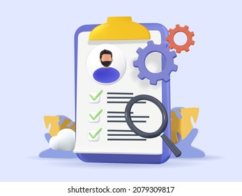 Resume. Human resource management and hiring concept. Job interview, recruitment agency. 3D Vector Illustrations. Human resources Concept for web page, banner, presentation, social media, documents.