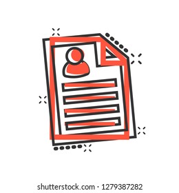 Resume icon in comic style. Contract document vector cartoon illustration pictogram. Resume business concept splash effect.