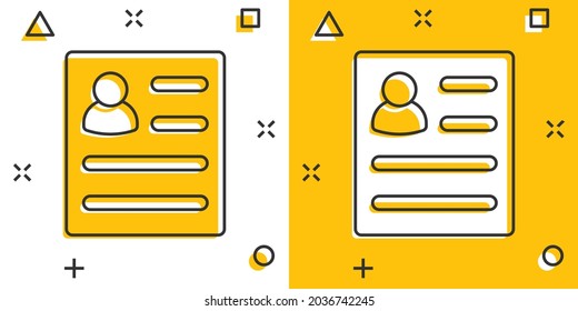 Resume icon in comic style. Contract document vector cartoon illustration pictogram. Resume business concept splash effect.