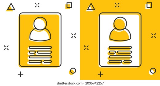 Resume icon in comic style. Contract document vector cartoon illustration pictogram. Resume business concept splash effect.