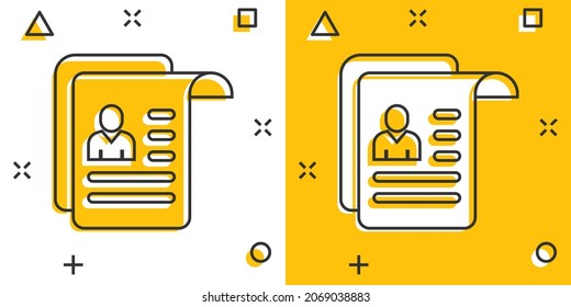 Resume icon in comic style. Contract document cartoon vector illustration on white isolated background. Paper notepad splash effect business concept.