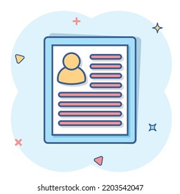 Resume icon in comic style. Contract document vector cartoon illustration pictogram. Resume business concept splash effect.