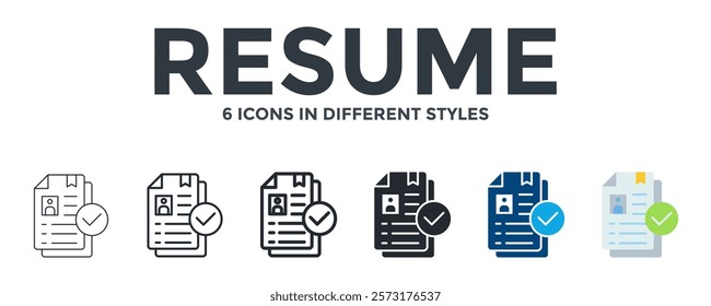 Resume Icon In Different Style Vector Illustration. Designed In Thin Line, Regular Line, Bold Line, Glyph, Color Fill, And Flat Style Can Be Used For Web
