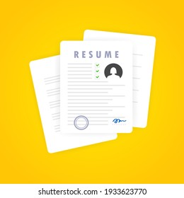 Resume icon. Searching a job. Selecting staff. Searching professional staff. Analyzing personnel resume. Resume form. Concept of employment. Vector on isolated white background. EPS 10