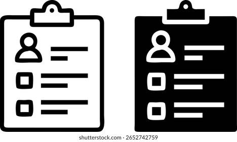 Retomar Conjunto de Ícones - Área de Transferência em Preto e Branco com Perfil e Lista de Verificação - Ilustração de Vetor para Design de CV
