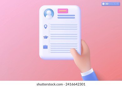 Resume icon symbol. Job interview, recruitment agency, Searching professional staff, Human resource management and hiring concept. 3D vector isolated illustration. Cartoon pastel Minimal style.