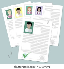 Resume with icon at the table. Cv concept resume with photo, documents. Employment recruitment. Businessman and businesswoman occupation are approved.