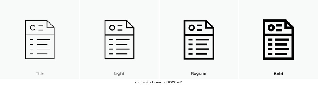 resume icon. Thin, Light Regular And Bold style design isolated on white background