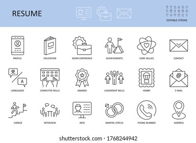 Resume icons. Editable stroke vector set. Includes profile work experience education core values. Achievements hobbies knowledge of languages. Computer skills leadership job interview career contacts