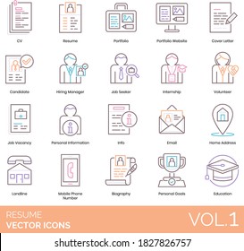 Resume Icons Including CV, Portfolio Website, Cover Letter, Candidate, Hiring Manager, Job Seeker, Internship, Volunteer, Job Vacancy, Personal Information, Landline, Mobile Phone Number, Biography.