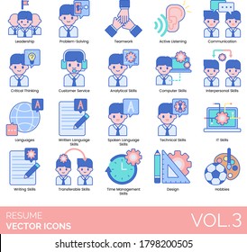 Resume icons including leadership, problem solving, teamwork, active listening, communication, critical thinking, customer service, analytical, computer, interpersonal, written, spoken language skill.