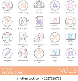 Resume icons including leadership, problem solving, teamwork, communication, critical thinking, customer service, analytical, written, spoken language skill, technical, IT, time management, hobby.