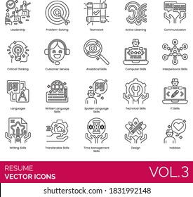 Resume icons including leadership, problem solving, critical thinking, customer service, computer, interpersonal, language skill, technical, IT, writing, transferable, time management, design, hobby.