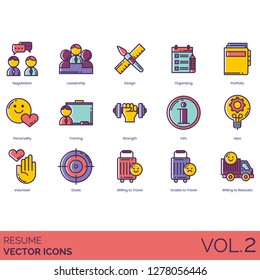 Resume icons including negotiation, leadership, design, organizing, portfolio, personality, training, strength, info, idea, volunteer, goals, willing to travel, unable, relocate.