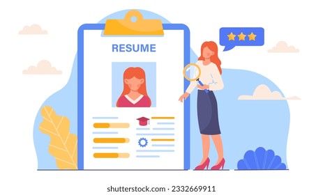 Resume for job concept. Woman with magnifying glass near document form. Young girl with curriculum vitae. Worker with CV looking for job, employee. Cartoon flat vector illustration