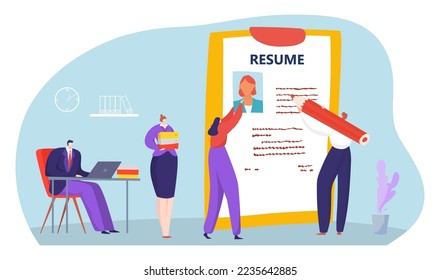 Resume for job employment interview, vector illustration, flat tiny people character make cv document at recruitment agency, hr career.